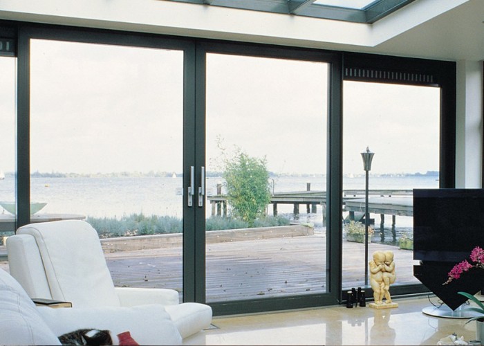 Grey aluminium sliding patio doors